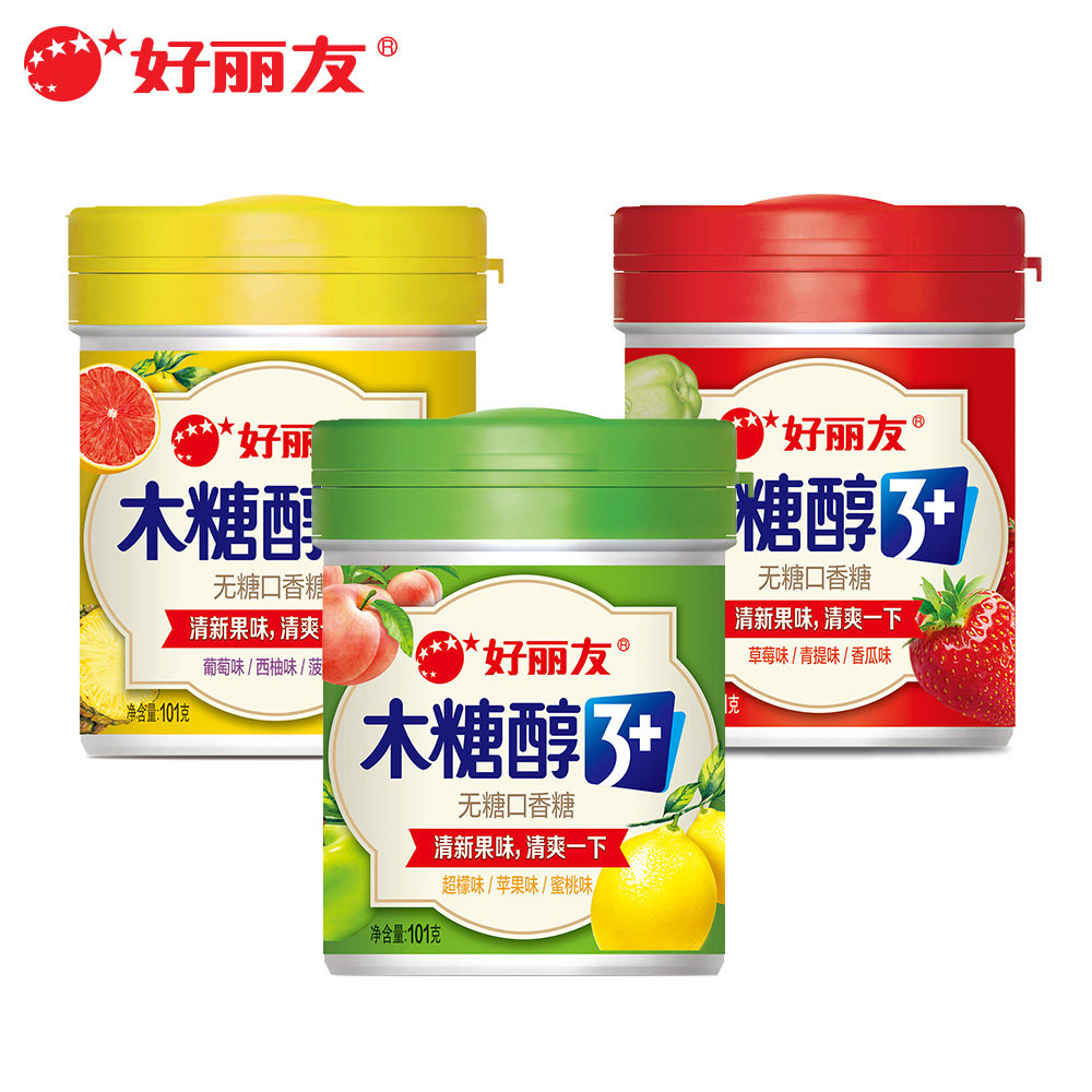 好丽友木糖醇多口味无糖口香糖101g*3罐清新口气大包装批发便携装