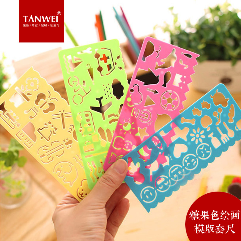 创意糖果色画画尺子绘画模板尺速画板美术尺卡通尺镂空万花尺韩版