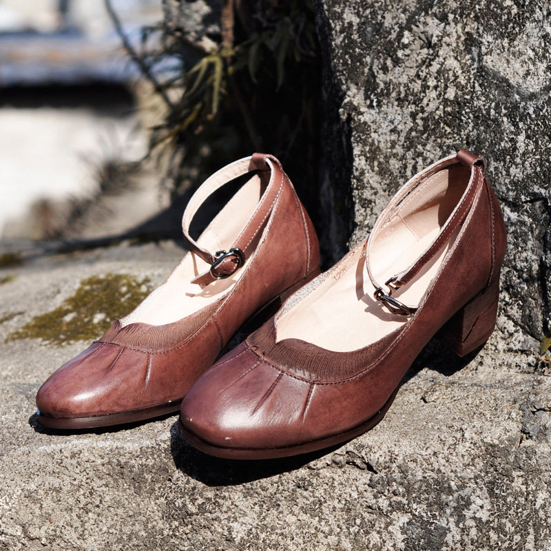 粗跟高跟一字扣带单鞋手工鞋真皮女鞋文艺范复古森女系鞋子全皮