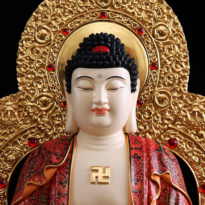 圆通佛具纯铜贴金释迦牟尼佛纯手工彩绘金刚座娑婆三圣释迦佛摆件