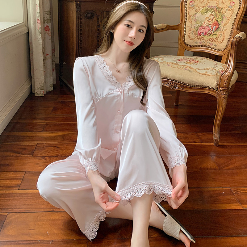 气质真丝睡衣春夏长袖冰丝薄款两件套女人味性感睡衣