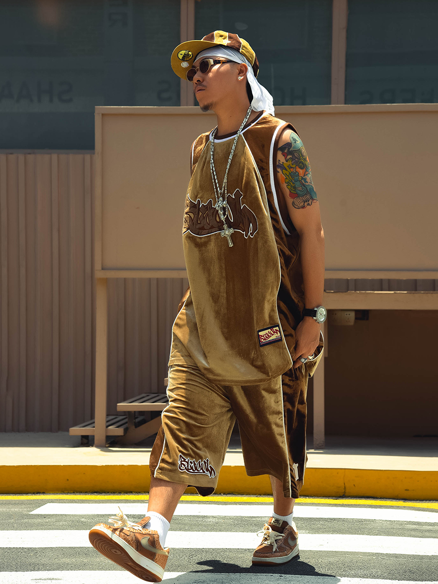 blacul拼色丝绒短裤男夏美式街头hiphop嘻哈宽松休闲裤