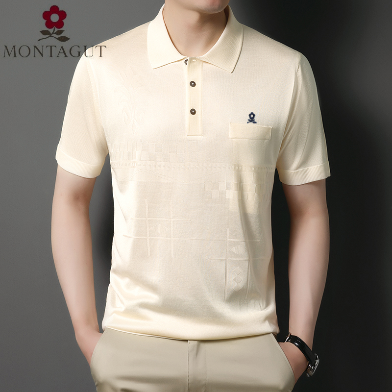 2022年夏法国梦特娇短袖t恤中老年男士商务桑蚕丝宽松爸爸装上衣