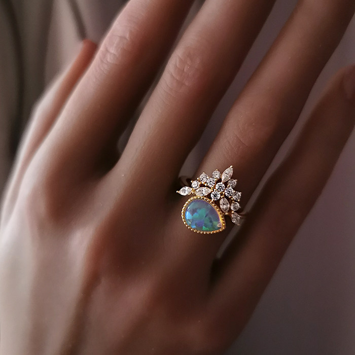 shaw原创设计小众复古欧美皇冠水滴欧泊戒指个性时尚ins