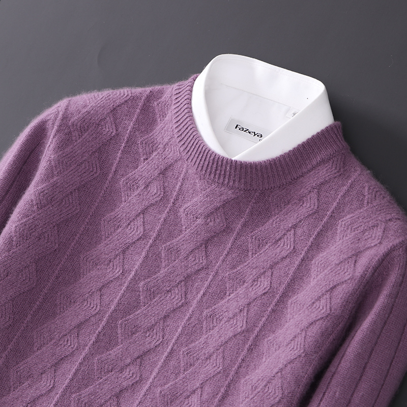 新款100%纯山羊绒衫男士提花秋冬圆领加厚保暖羊毛毛衣打底针织衫