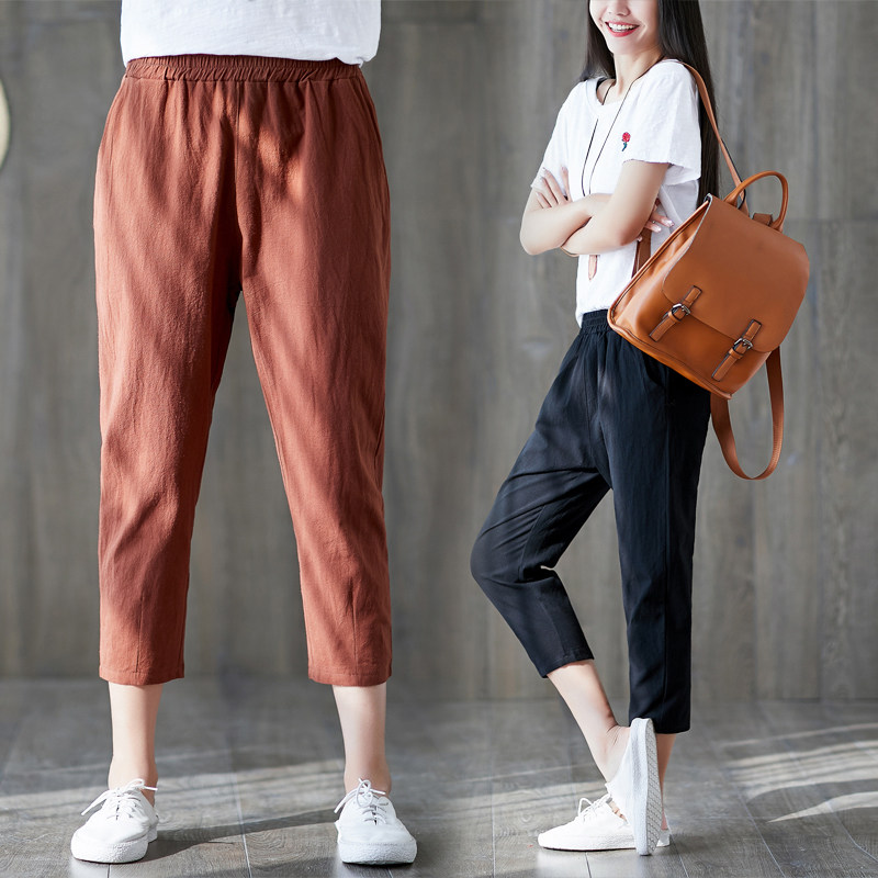 2019夏季新款棉麻七分裤女文艺范宽松大码显瘦薄款休闲亚麻哈伦裤