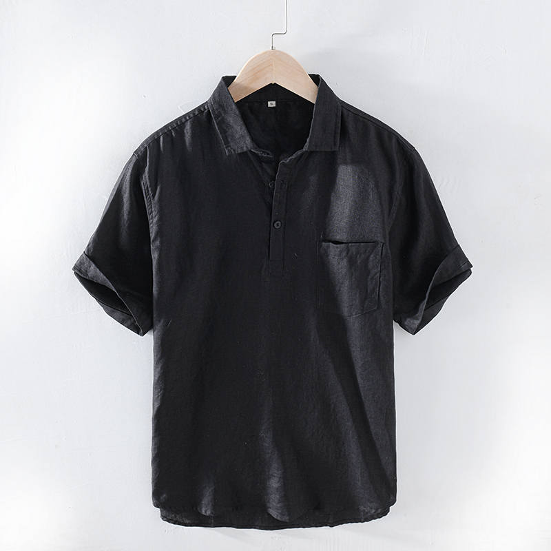 工装短衬男士潮牌短袖衬衫男士亚麻港风日系修身简约帅气潮流衬衣