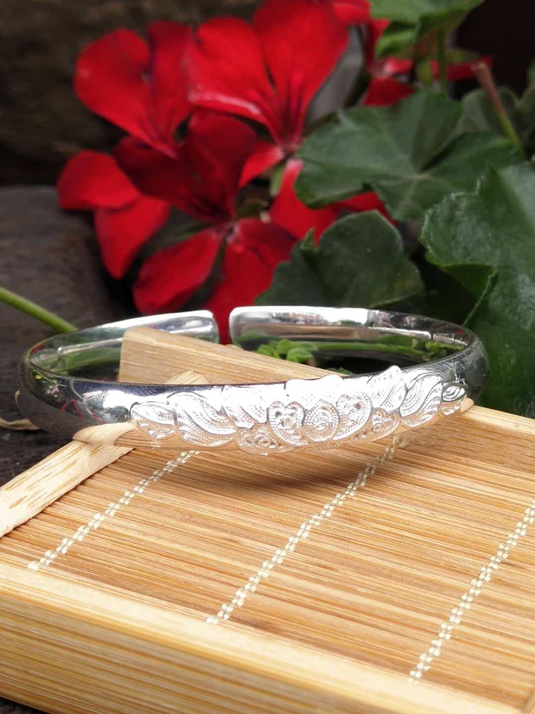 云南大理纯银手镯精美雪花银花丝开口足银镯子手镯