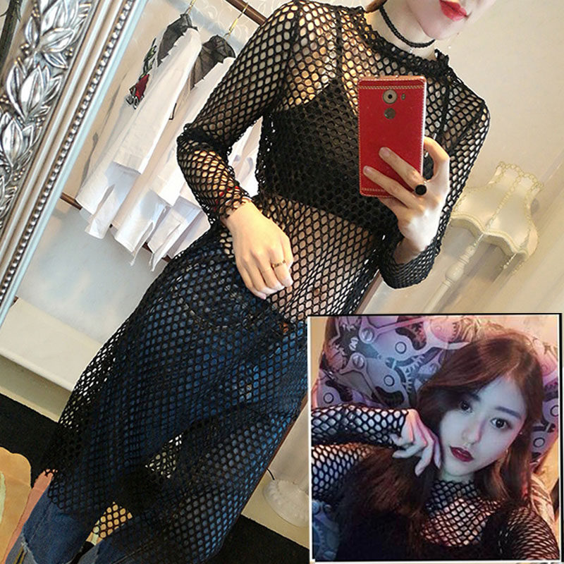 中长镂空透视长袖罩衫渔网网眼春夏超仙气质蕾丝衫