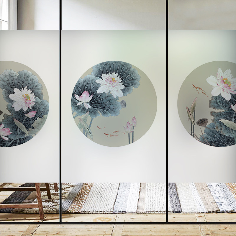 新中式荷花窗户玻璃贴纸透光不透明圆形静电磨砂贴膜办公室创意膜