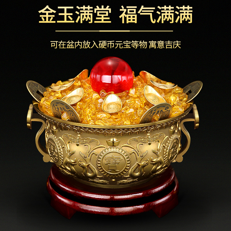 纯铜聚宝盆客厅财位摆件铜盆玄关店铺开业家居摆件