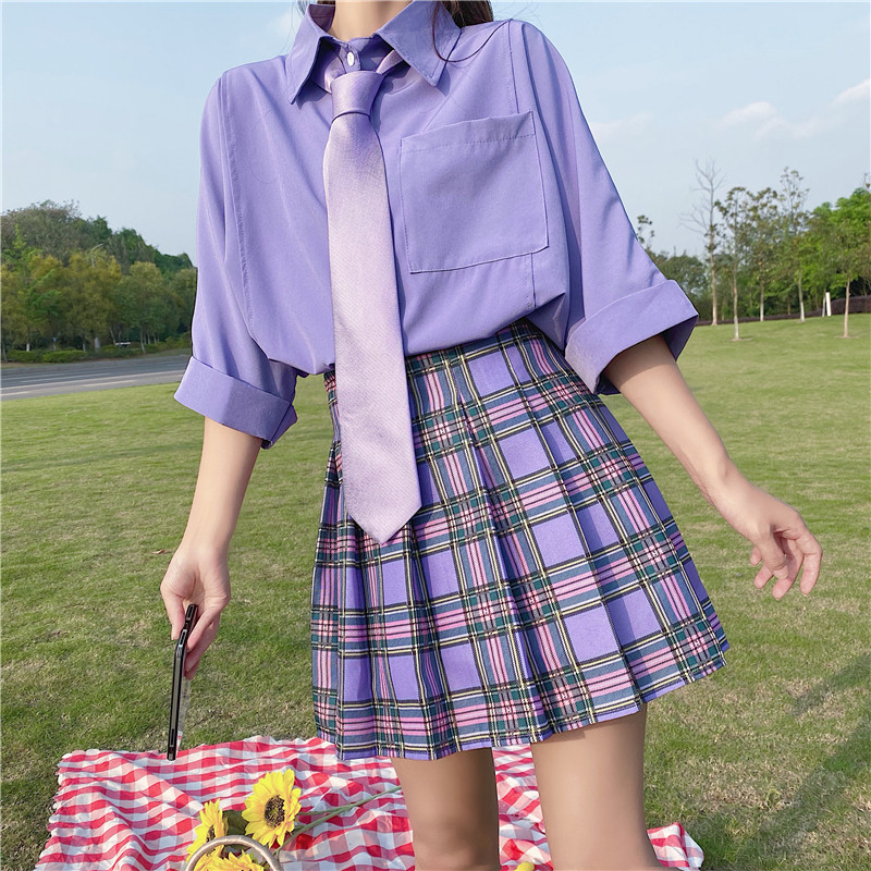 紫色裙大码jk裙子短裙学生mm半身格子字显半身裙