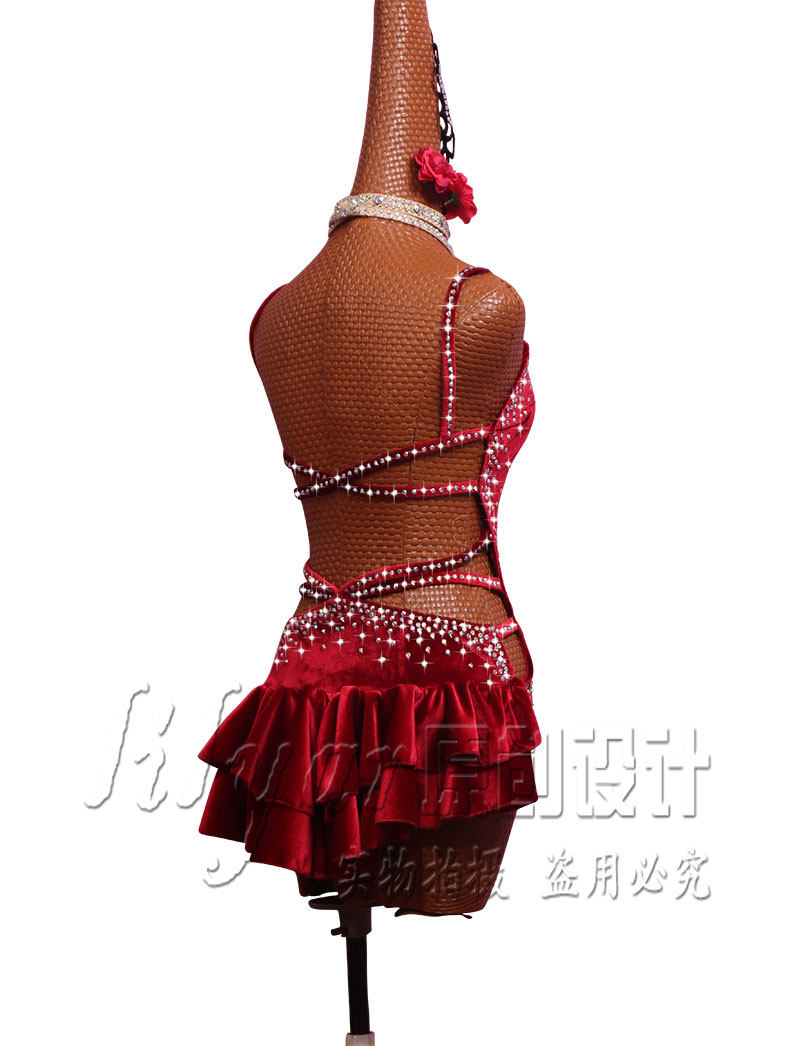 汇欣拉丁舞演出服表演萨萨salsa连体衣酒红高开叉性感拉丁舞演出服