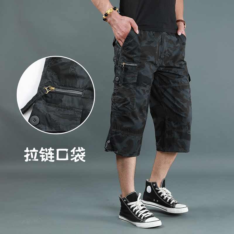 夏季薄款迷彩七分裤男多口袋工装7分裤短裤男宽松大码纯棉中裤潮