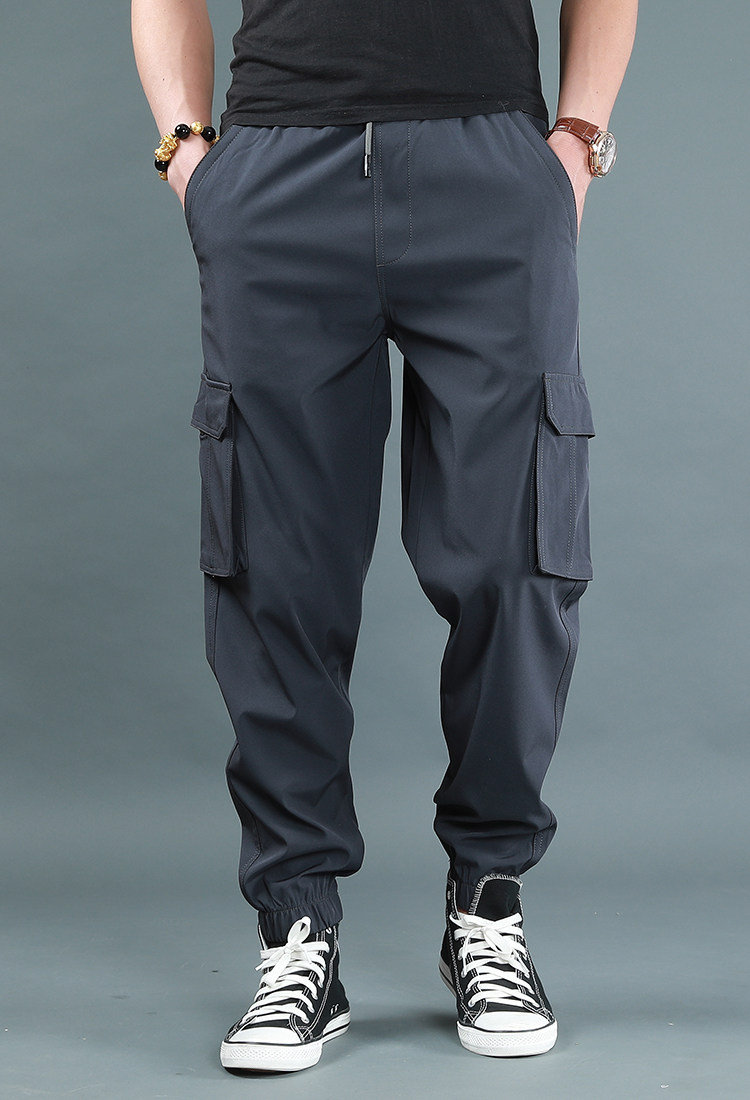 夏季薄款冰丝弹力多口袋工装裤男宽松大码束脚九分裤男免烫胖子潮