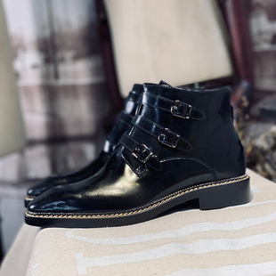 手工孟克靴街拍绅士手涂复古切尔西男靴扣搭牛皮皮靴 jiniwu吾倪季