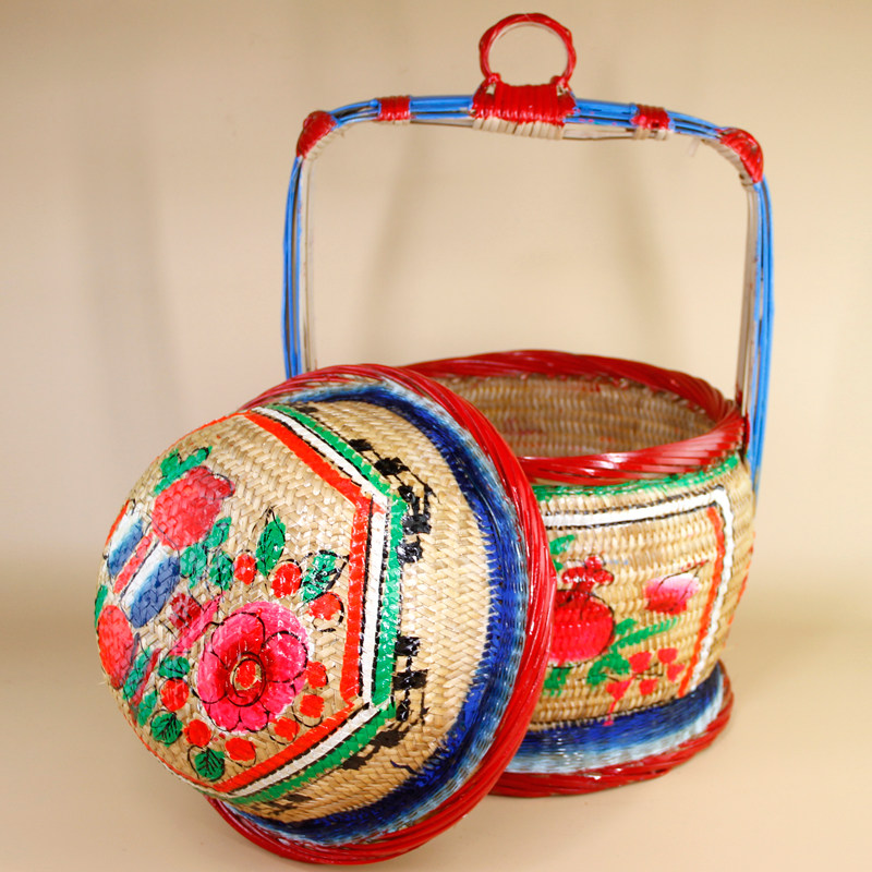 潮汕婚嫁嫁娶结婚喜庆用品竹制品手工彩绘花篮竹编