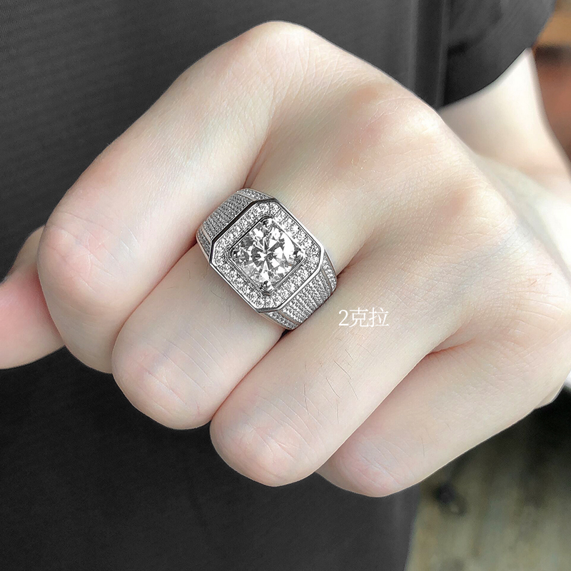 18k金莫桑石戒指潮男戒士纯银饰镀铂金镶钻霸气1二3克拉钻戒指环