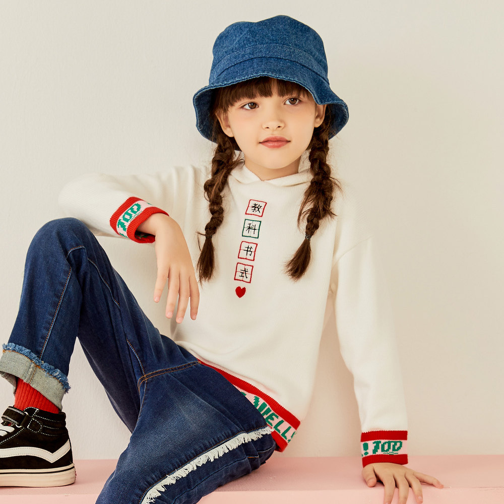 moomoo童装女童毛衫秋冬冬装女孩夹里连帽毛衣大毛衣