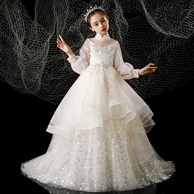 12岁女孩生日公主拖尾婚纱纱裙长袖钢琴考级儿童礼服