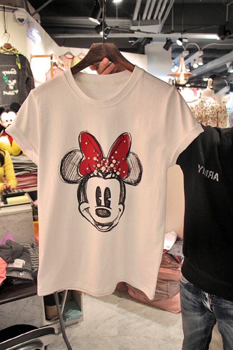 2020新款早春衣服米妮印花钉珠上衣宽松韩版网红字母短袖t恤女ins