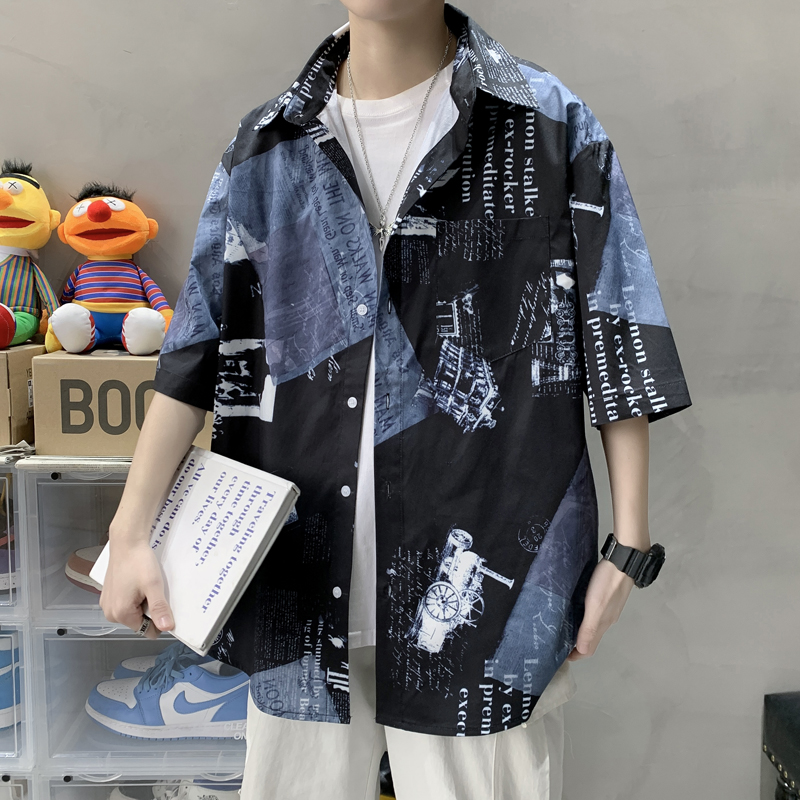 薄款短袖衬衫男夏季日系复古七分袖衬衣潮牌男士宽松印花寸衫外套