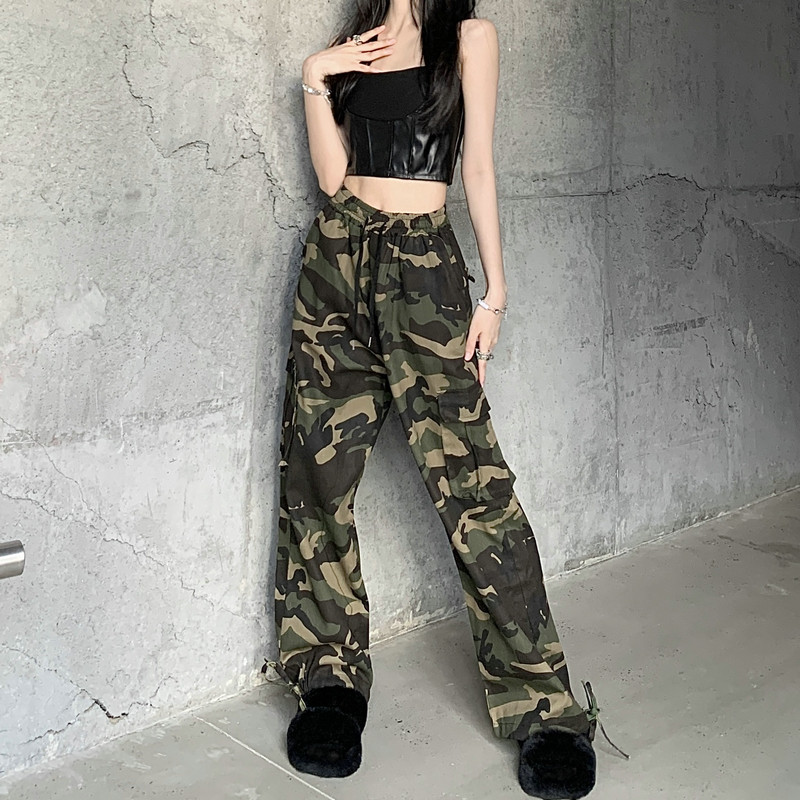 美式复古古高街hiphop迷彩工装裤女夏季薄款高腰休闲裤