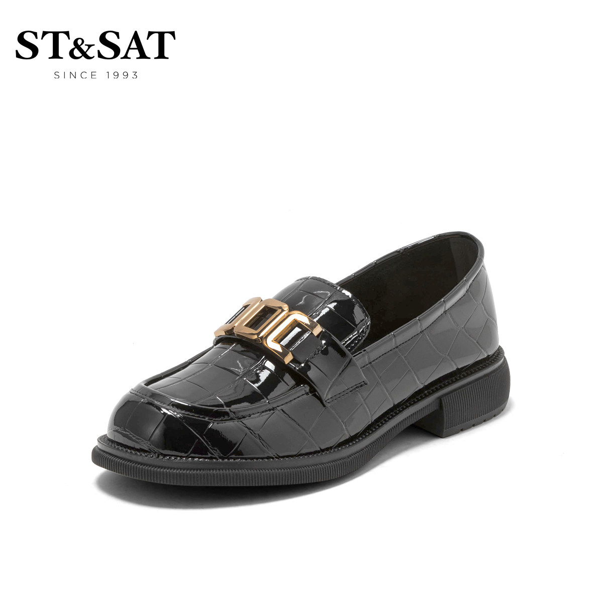 stsat星期六乐福鞋女2022女皮鞋黑色女单厚底乐福鞋(豆豆鞋)