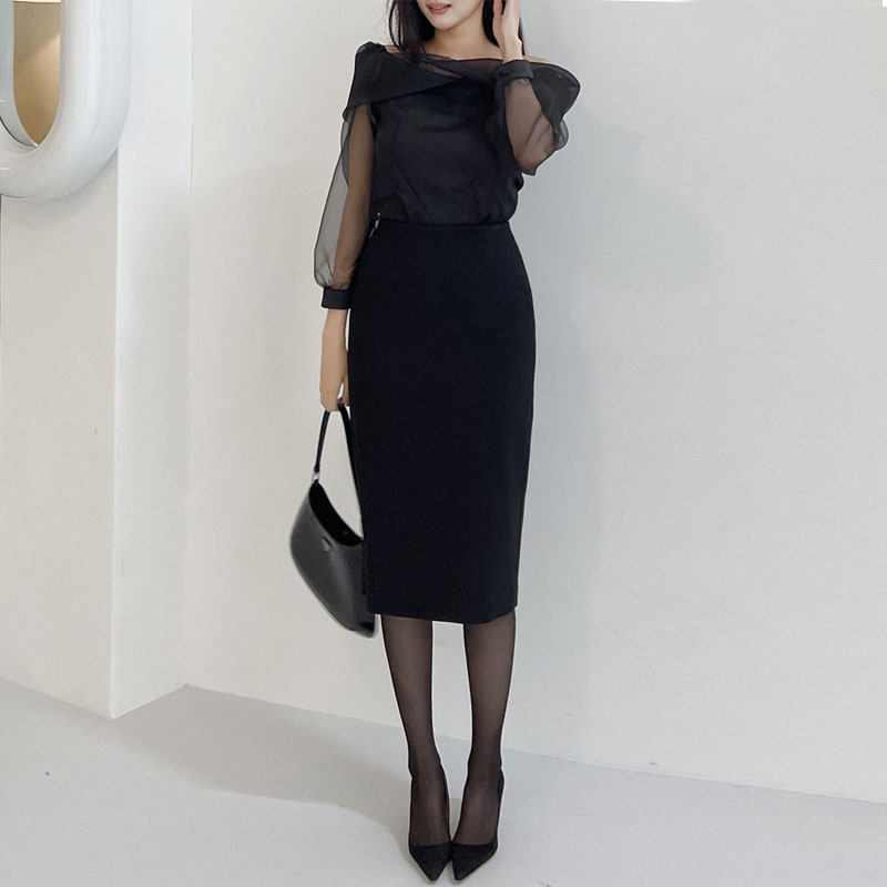 黑色半身裙女包臀裙西装一步裙拼蕾丝职业通勤气质裙子高腰中长裙