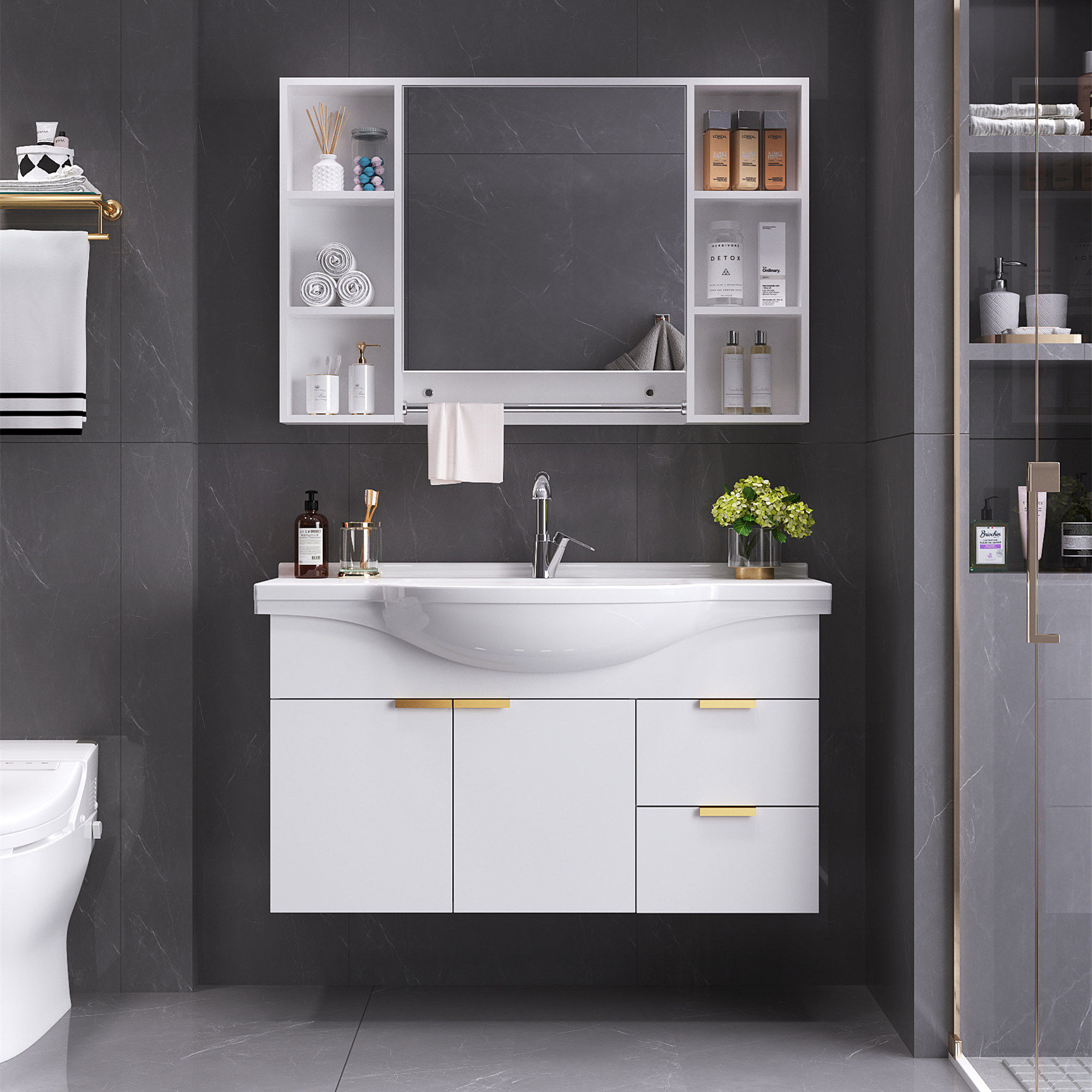 简约现代浴室柜组合白色陶瓷一体大肚卫生间实木浴室柜组合