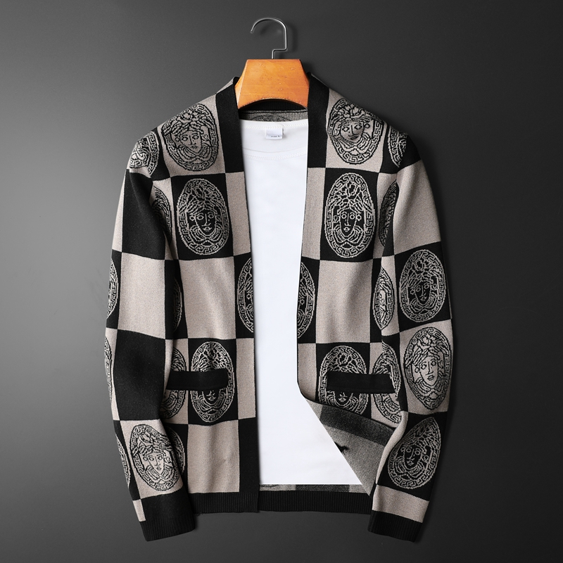 欧洲站春秋新款提花针织衫夹克衫男士潮牌休闲时尚无扣毛线衣外套