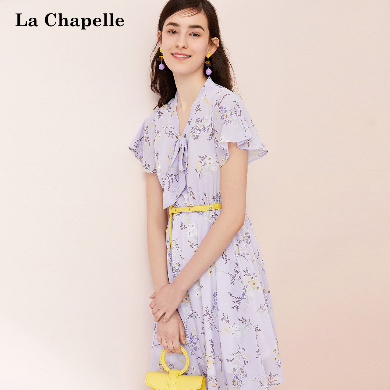 拉夏贝尔气质雪纺连衣裙2019新款女装高腰显瘦碎花中长款裙子夏季