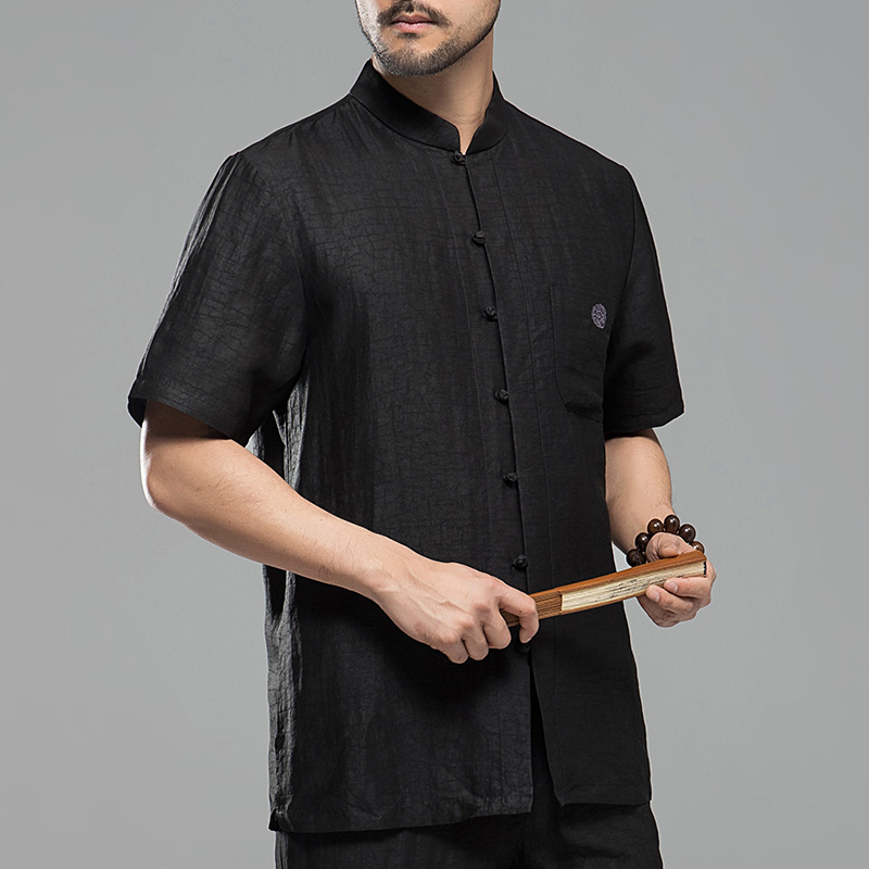 中青年男士香云唐装夏季短袖真丝桑蚕蚕丝莨绸唐装