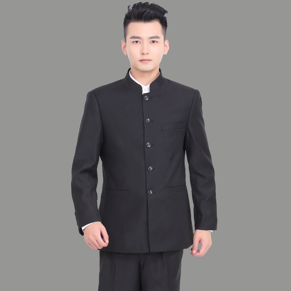 套装酒店工作服职业装青年男士黑色中山装制服立领工装制服