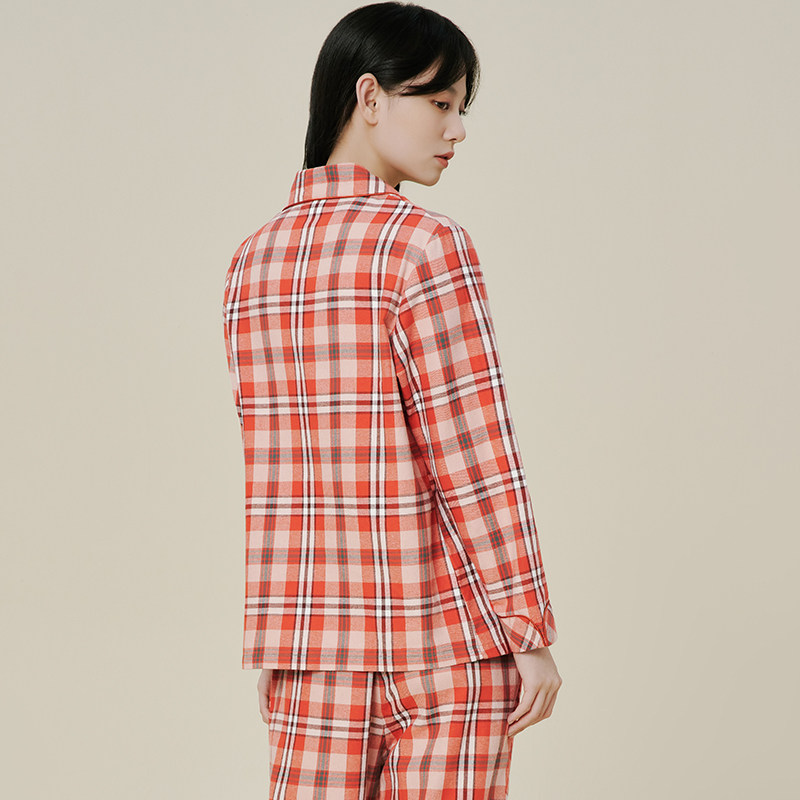 三枪家居服纯棉2022秋冬彩格绒布翻领开襟扣子睡衣