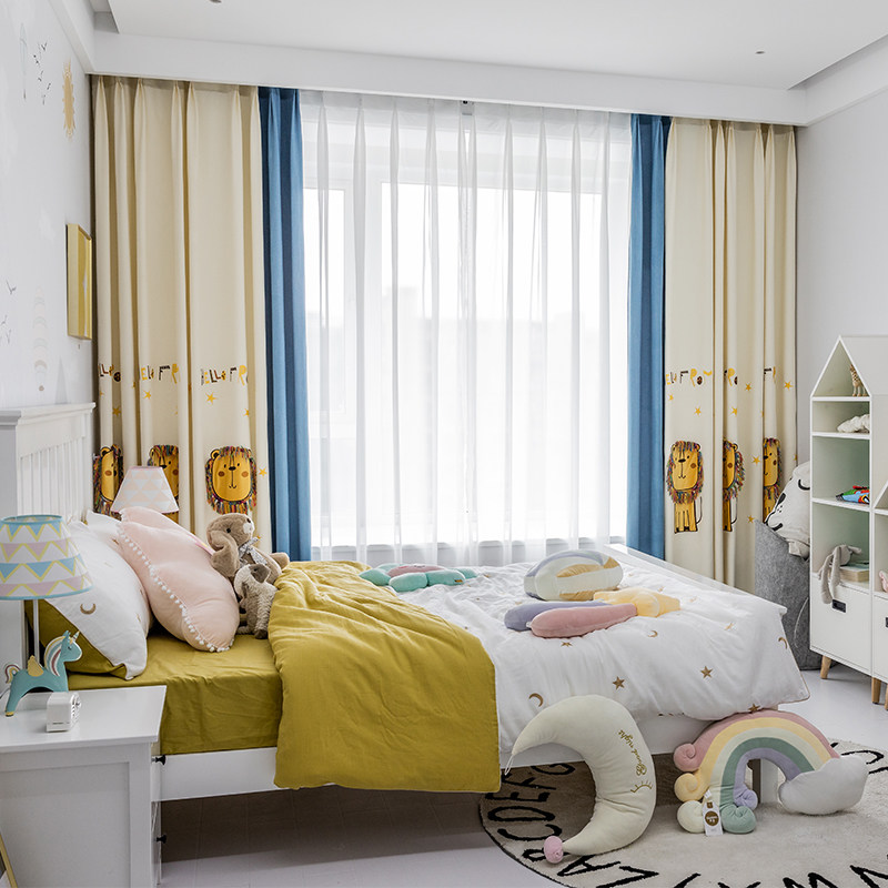 新款现代卧室儿童棉麻贴绒刺绣男孩女孩窗帘定制窗帘