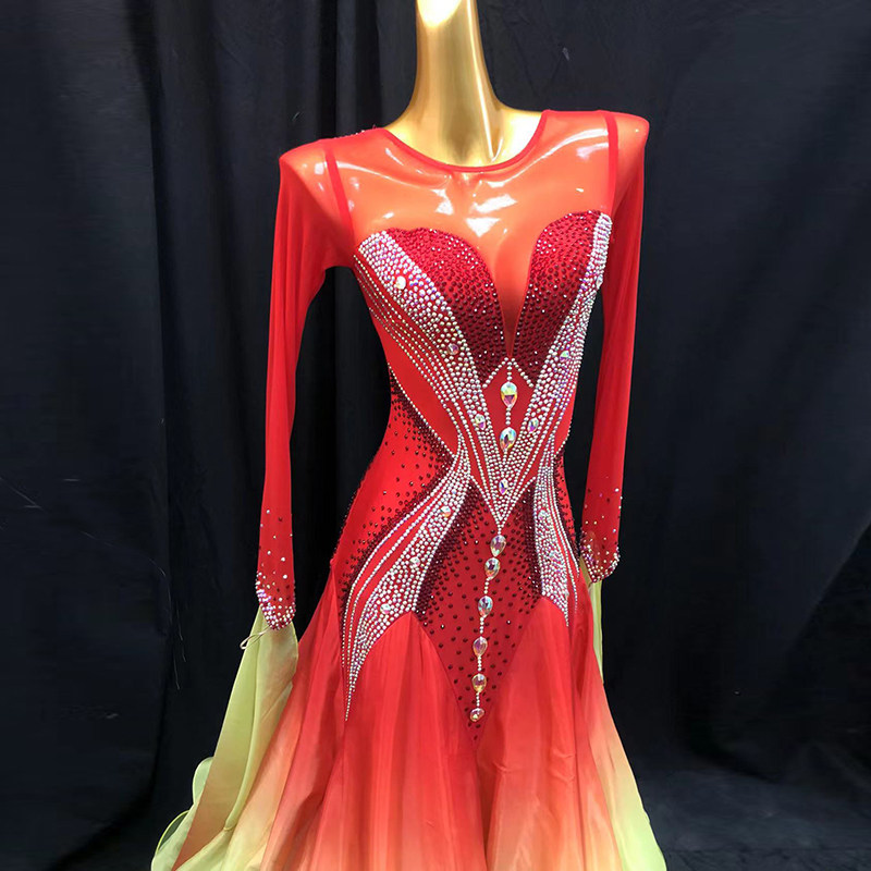 进口珍珠纱渐变色国标舞比赛华尔兹演出服交谊舞表演摩登舞套装含演出
