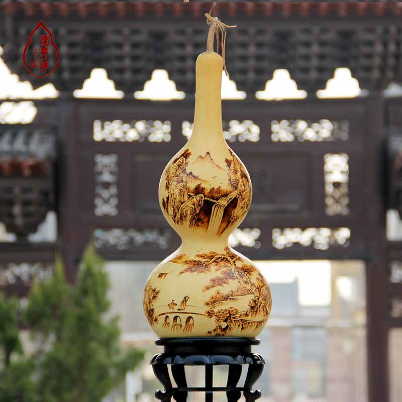 葫芦善缘天然特大烙画精品品山水摆件风水雕刻葫芦