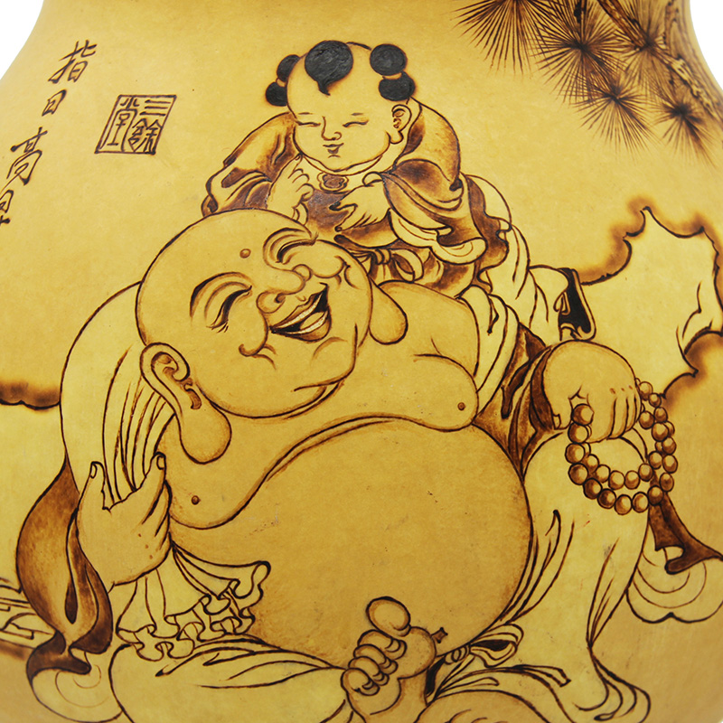 善缘精品天然特大号烙画葫芦摆件雕刻烫画弥勒葫芦