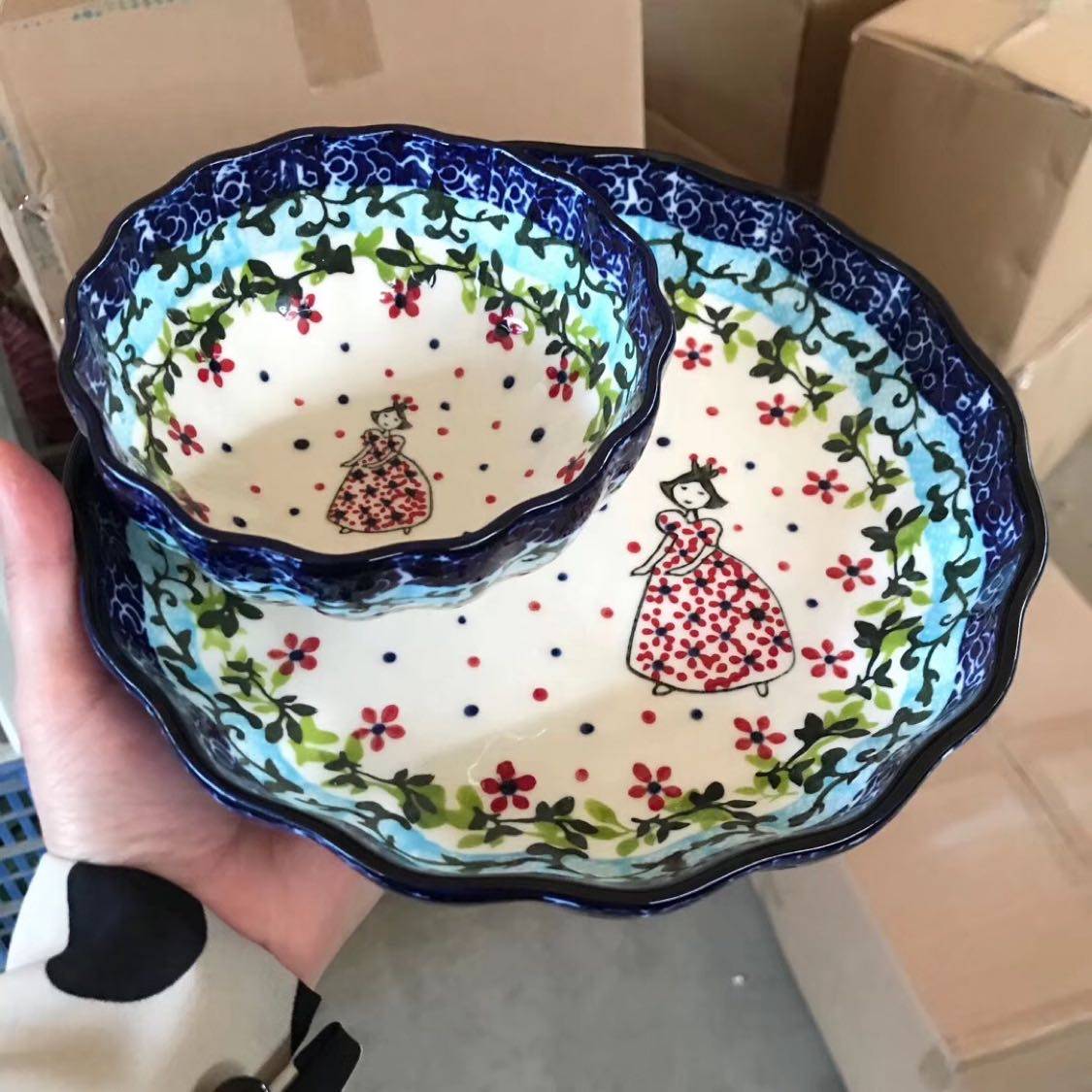 出口姑娘瓷碗陶瓷花边彩花釉下桥边出口欧花朵碗