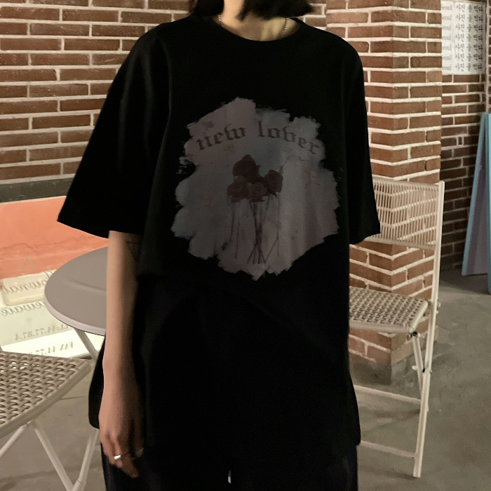 妈个鸡妈 韩国ins原宿潮流夏季做旧玫瑰印花宽松短袖T恤上衣男女