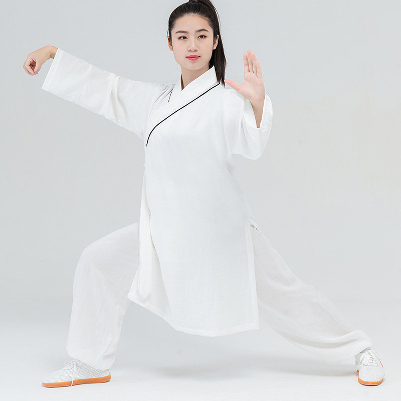 武当山斜襟道士服女中长白色白色棉棉麻道袍道衣太极服