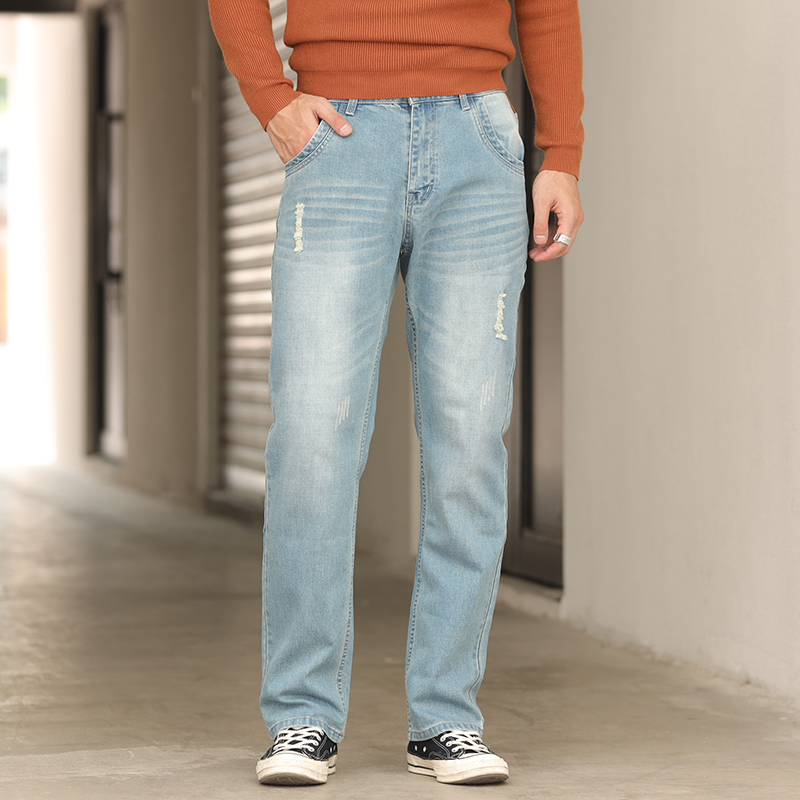 飞诺夏季薄款牛仔裤男直筒宽松破洞男装加大码肥佬裤弹力长裤子潮