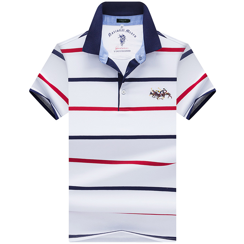 保罗丝光棉短袖T恤男翻领简约红白条纹体恤 商务潮流男装Polo衫