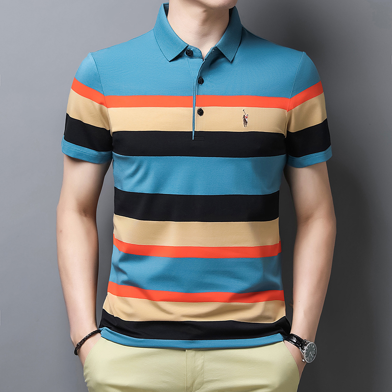 夏季双丝光棉短袖T恤男休闲翻领宽松条纹体恤商务潮流男装Polo衫