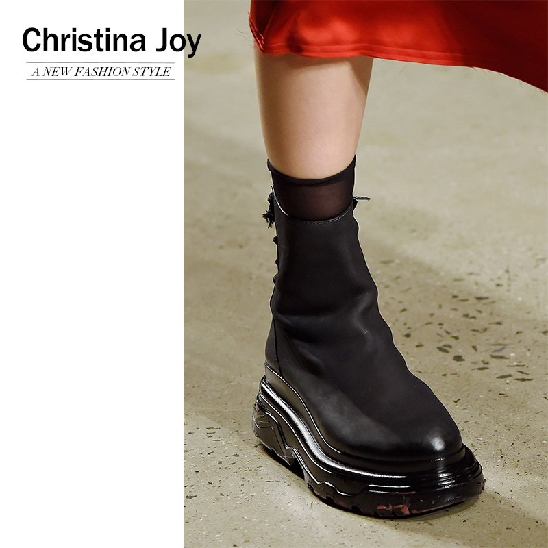 christinajoy秋冬新款真皮松糕鞋短靴厚底马丁靴运动休闲靴女
