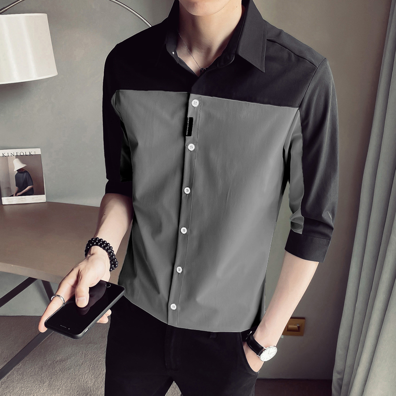 长袖衬衫男士秋季短袖七分袖韩版潮流休闲拼接寸衫上衣男装外套潮