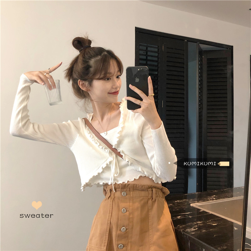 少女减龄木耳边绑带V领长袖开衫假两件女韩版夏季短款针织衫上衣