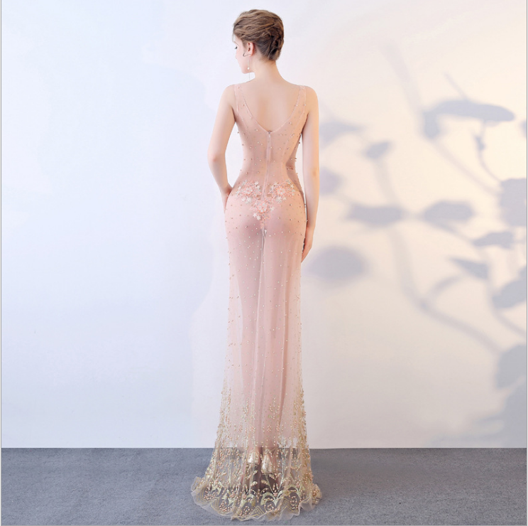 透肉连衣裙性感透视礼服晚装蕾丝手工定制修身连衣裙