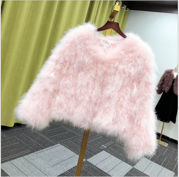 真鸵鸟毛外套长袖加密时尚毛毛外套加厚保暖火鸡毛皮草上衣短款